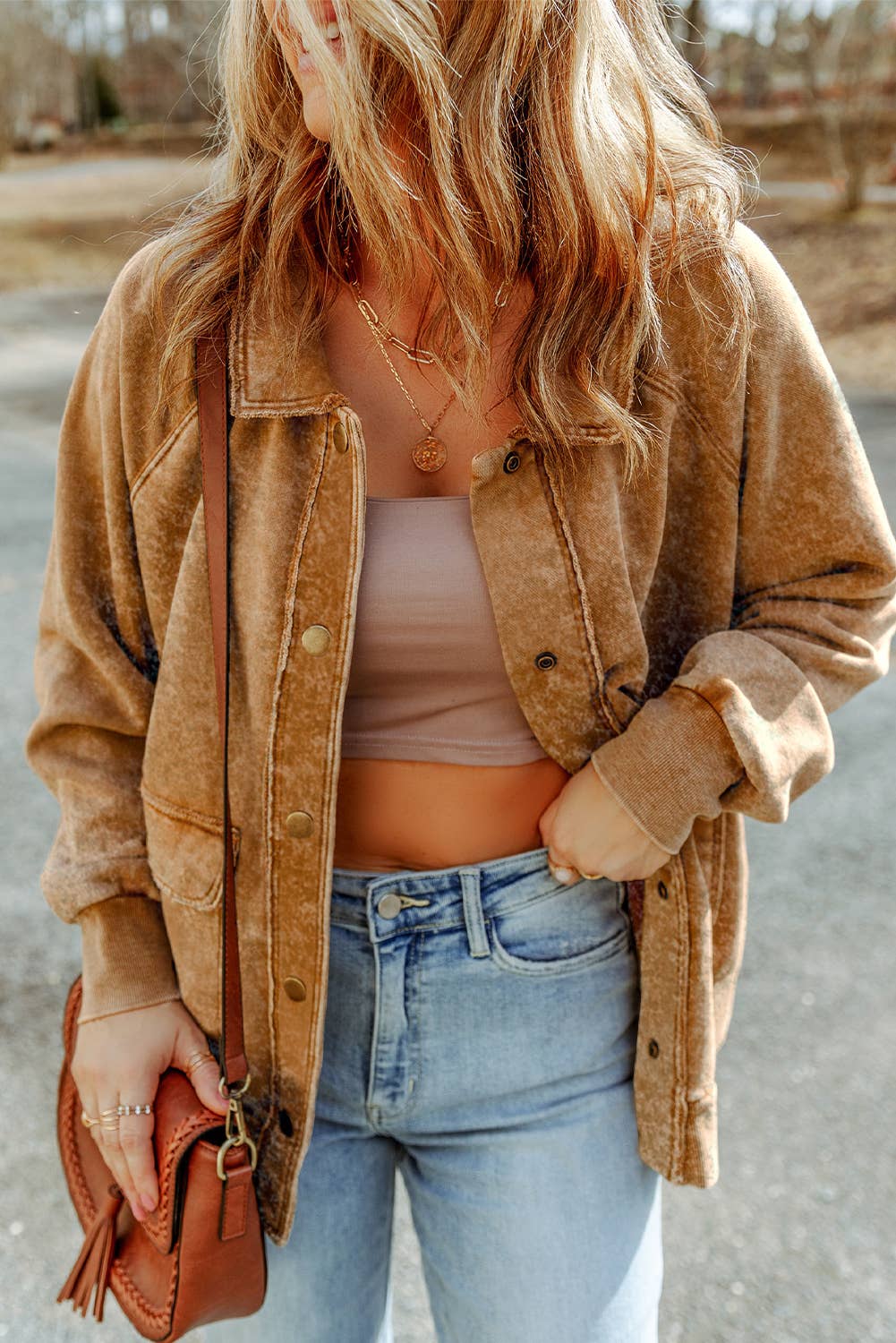 Casual Vintage Washed Flap Pocket Button Shacket