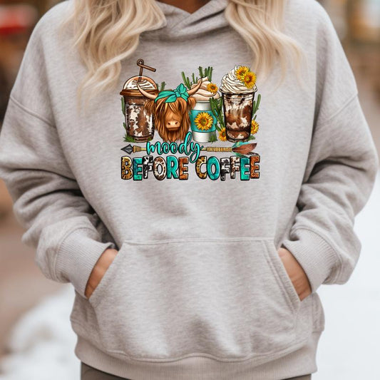 Moody Before Coffee Highland Cow Hoodie