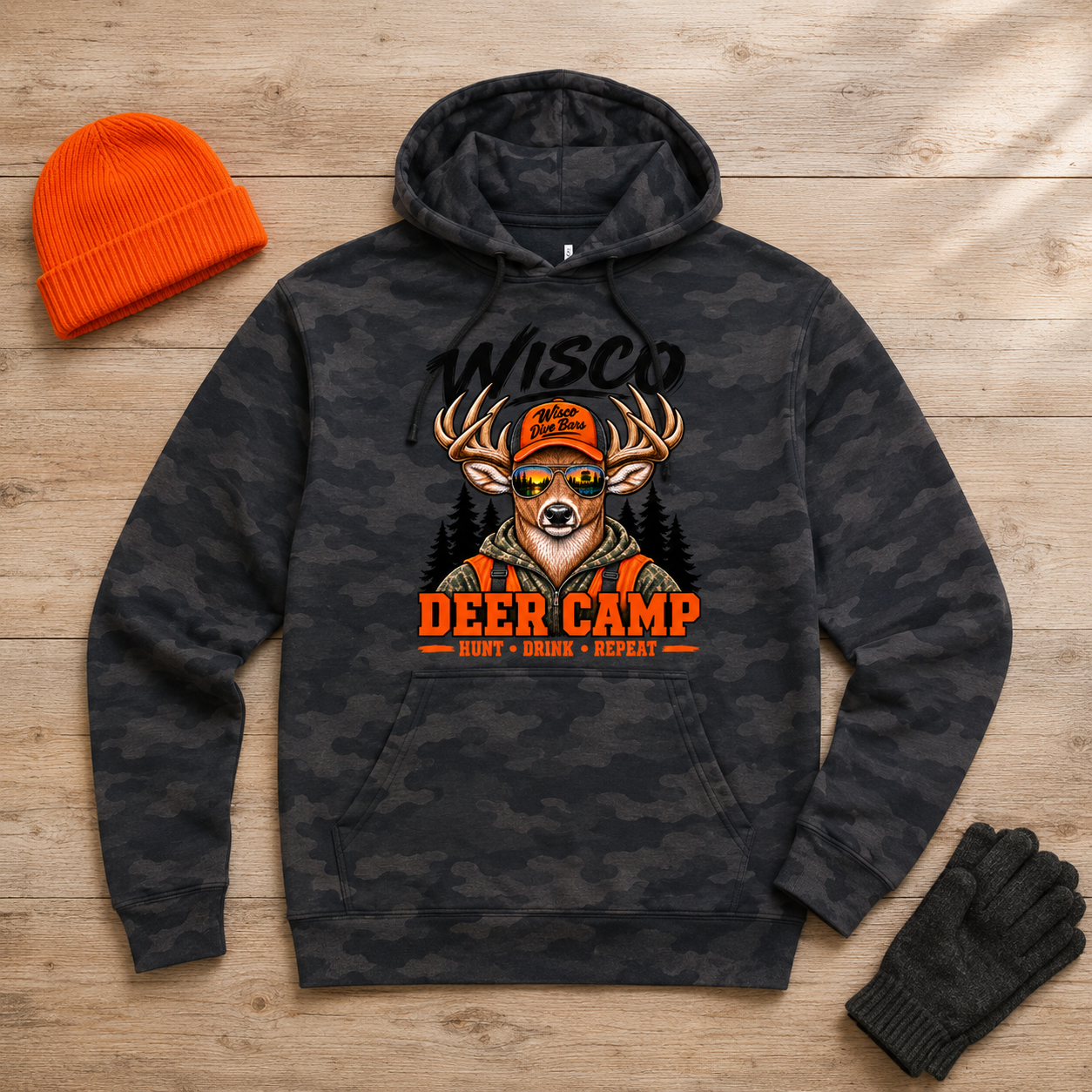 Wisco Deer Camp Black Camo Hoodie