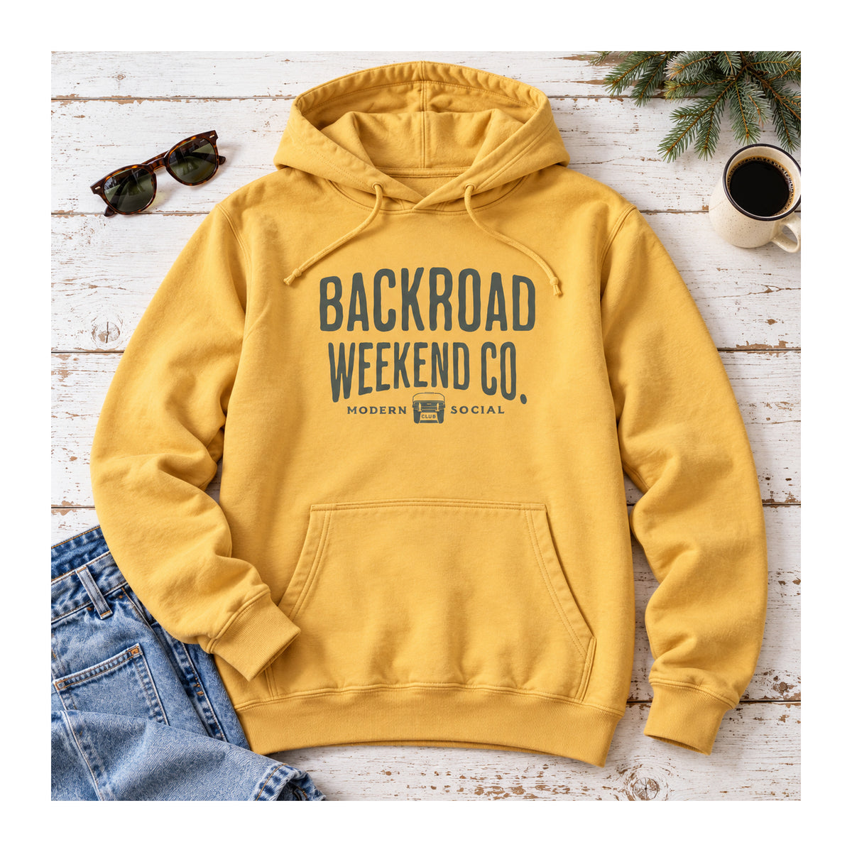 Backroad Weekend Co. Hoodie – Social Club in Mustard, flat lay