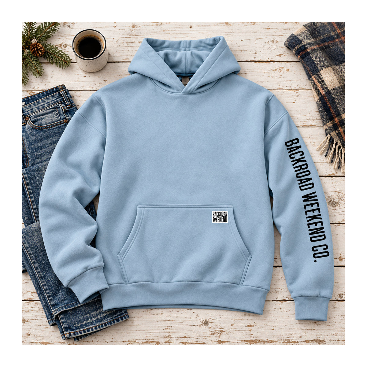 Backroad Heavyweight Hoodie in Light Blue, flat lay
