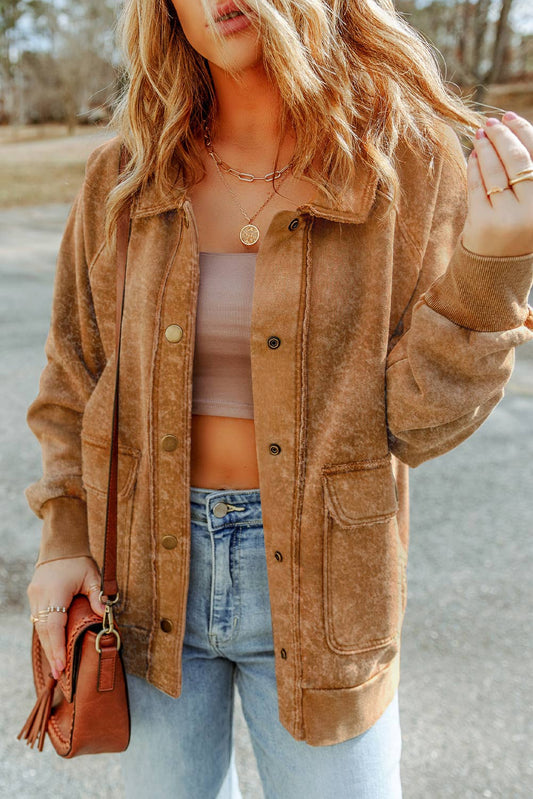 Casual Vintage Washed Flap Pocket Button Shacket