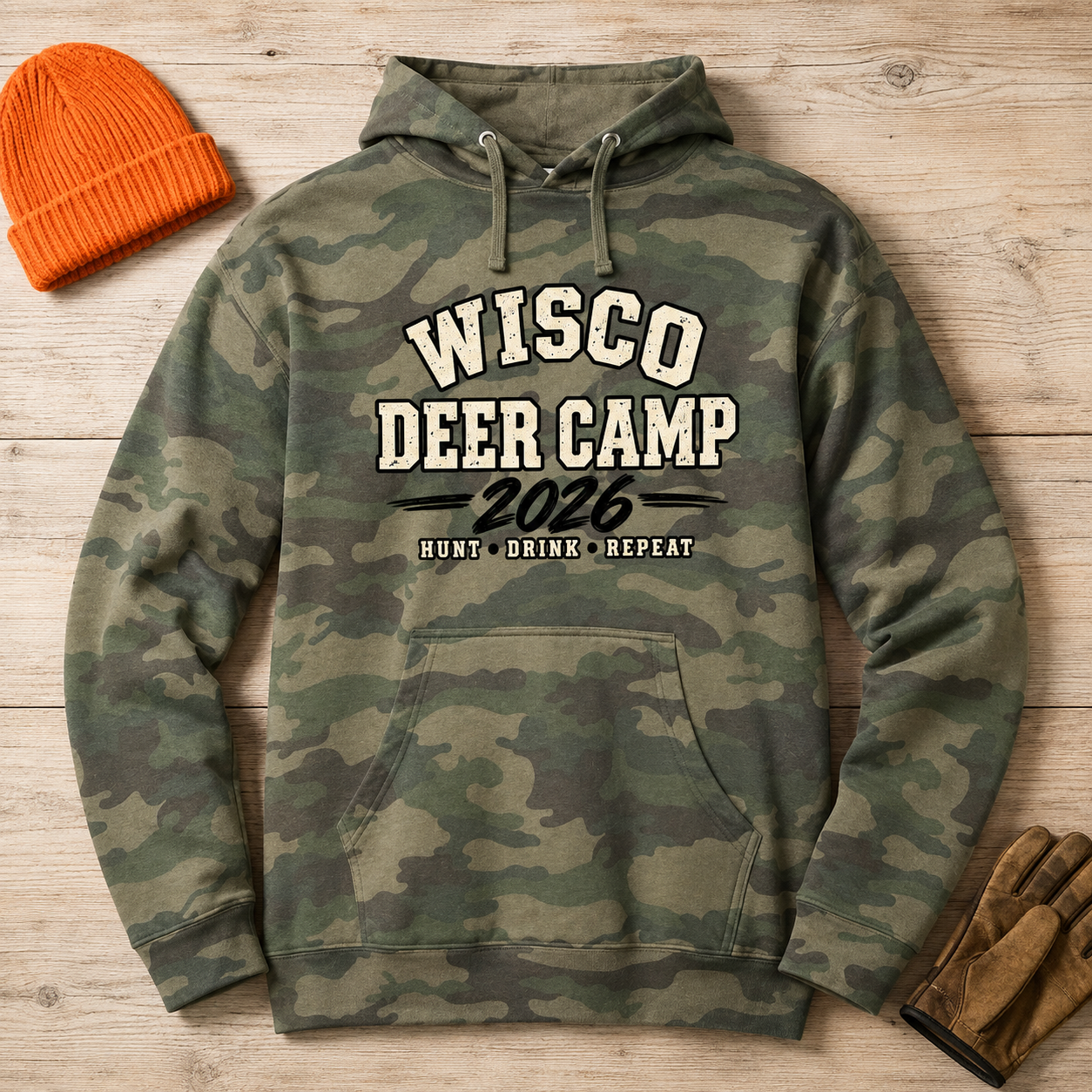 Wisco Deer Camp 2026 Green Camo Hoodie