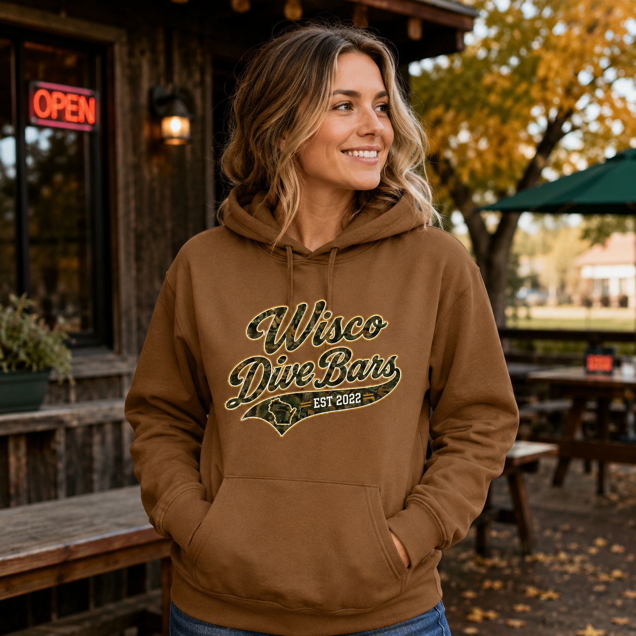 Wisco Dive Bars Camo Script Brown Hoodie