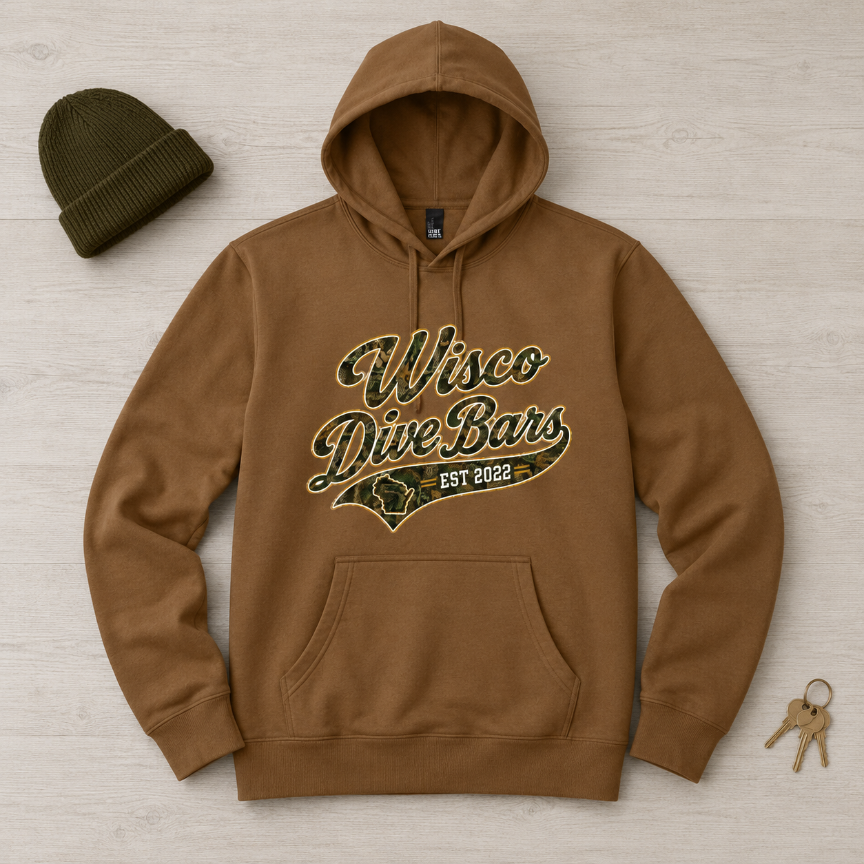 Wisco Dive Bars Camo Script Brown Hoodie