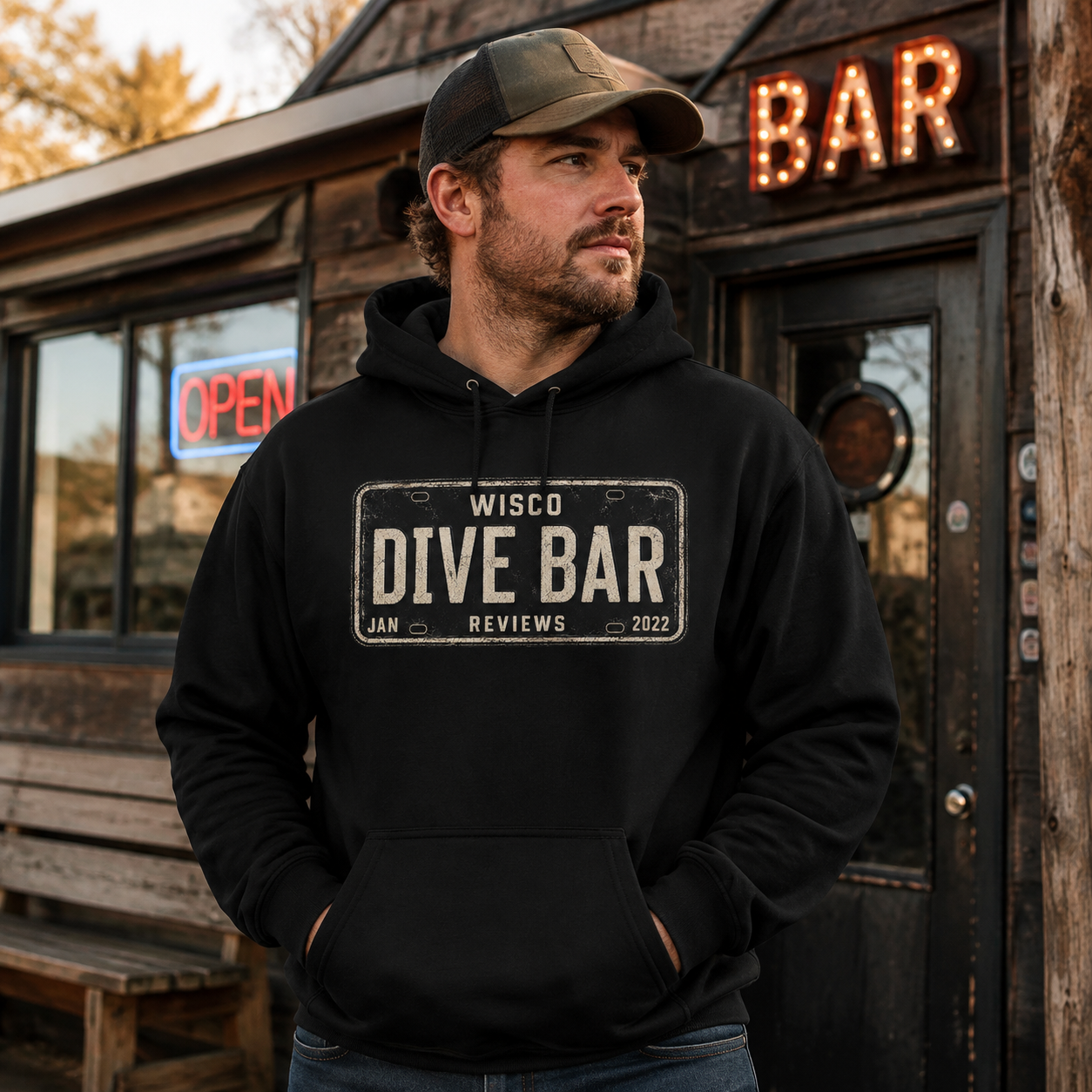 Wisco Dive Bar Black License Plate Black Hoodie