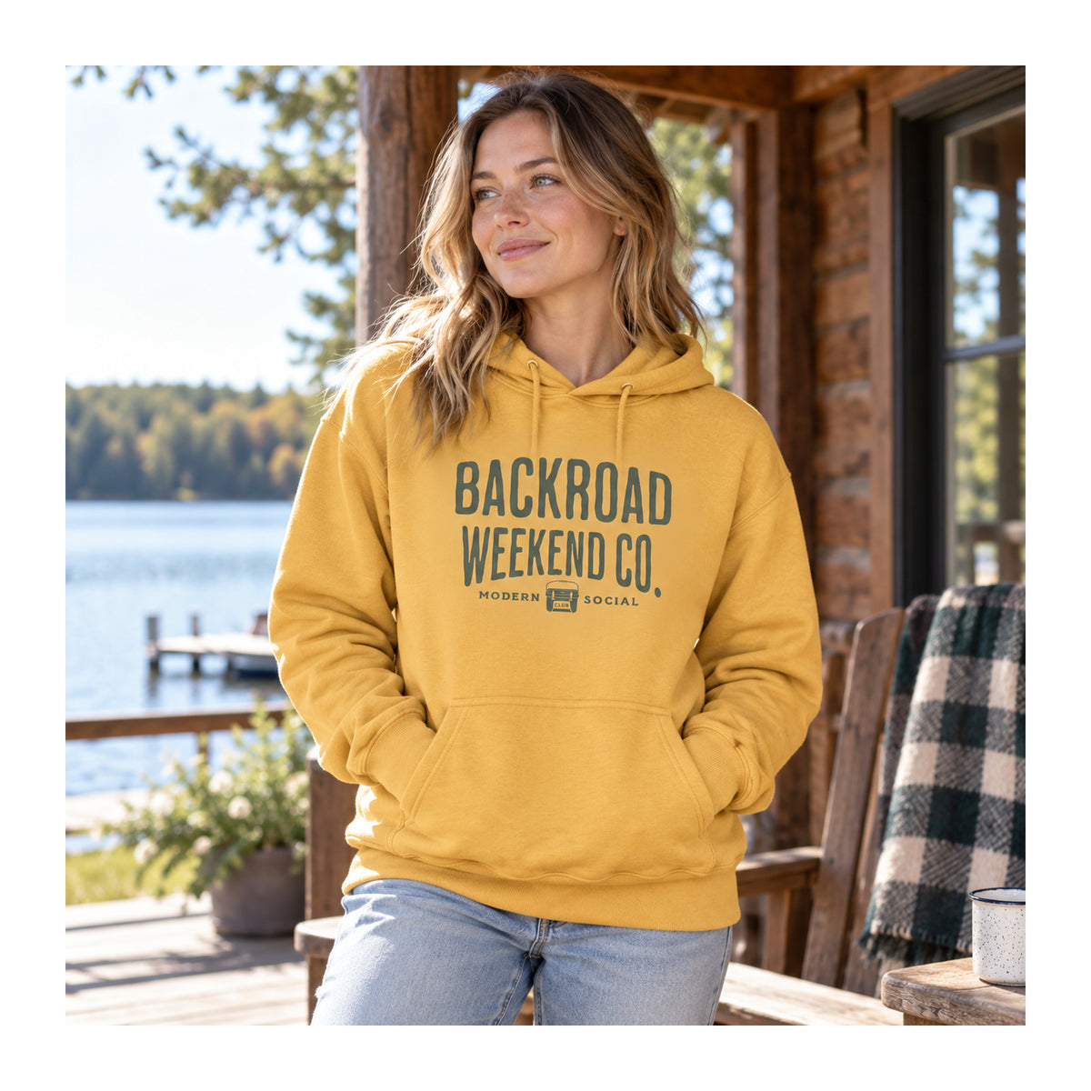 Backroad Weekend Co. Hoodie – Social Club in Mustard, lifestyle photo