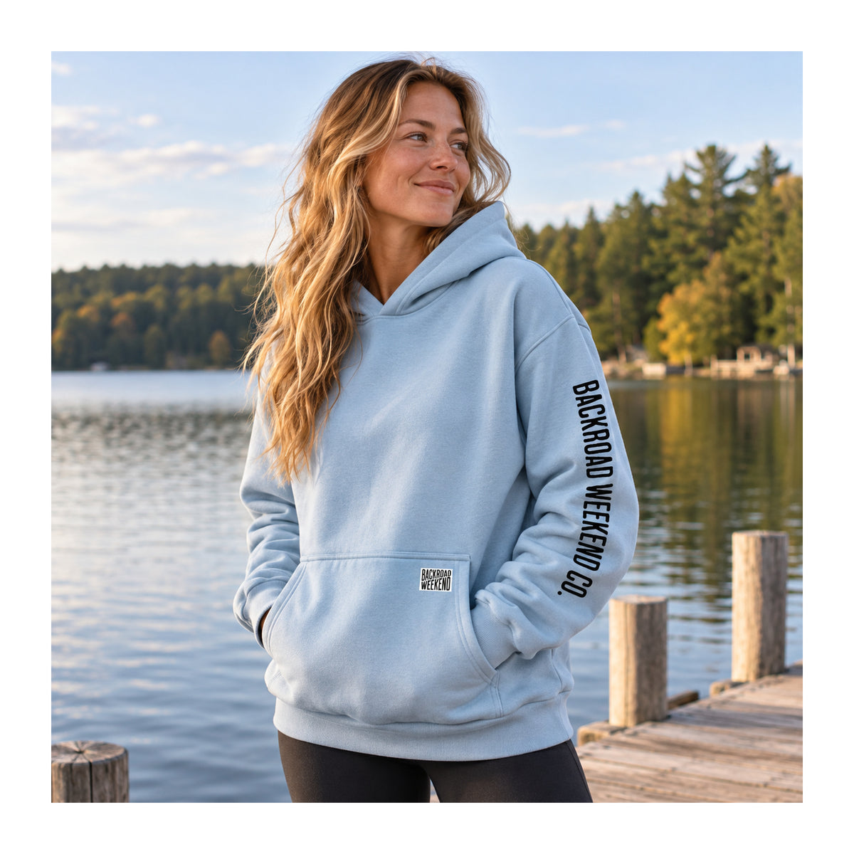Backroad Heavyweight Hoodie in Light Blue, lifestyle photo