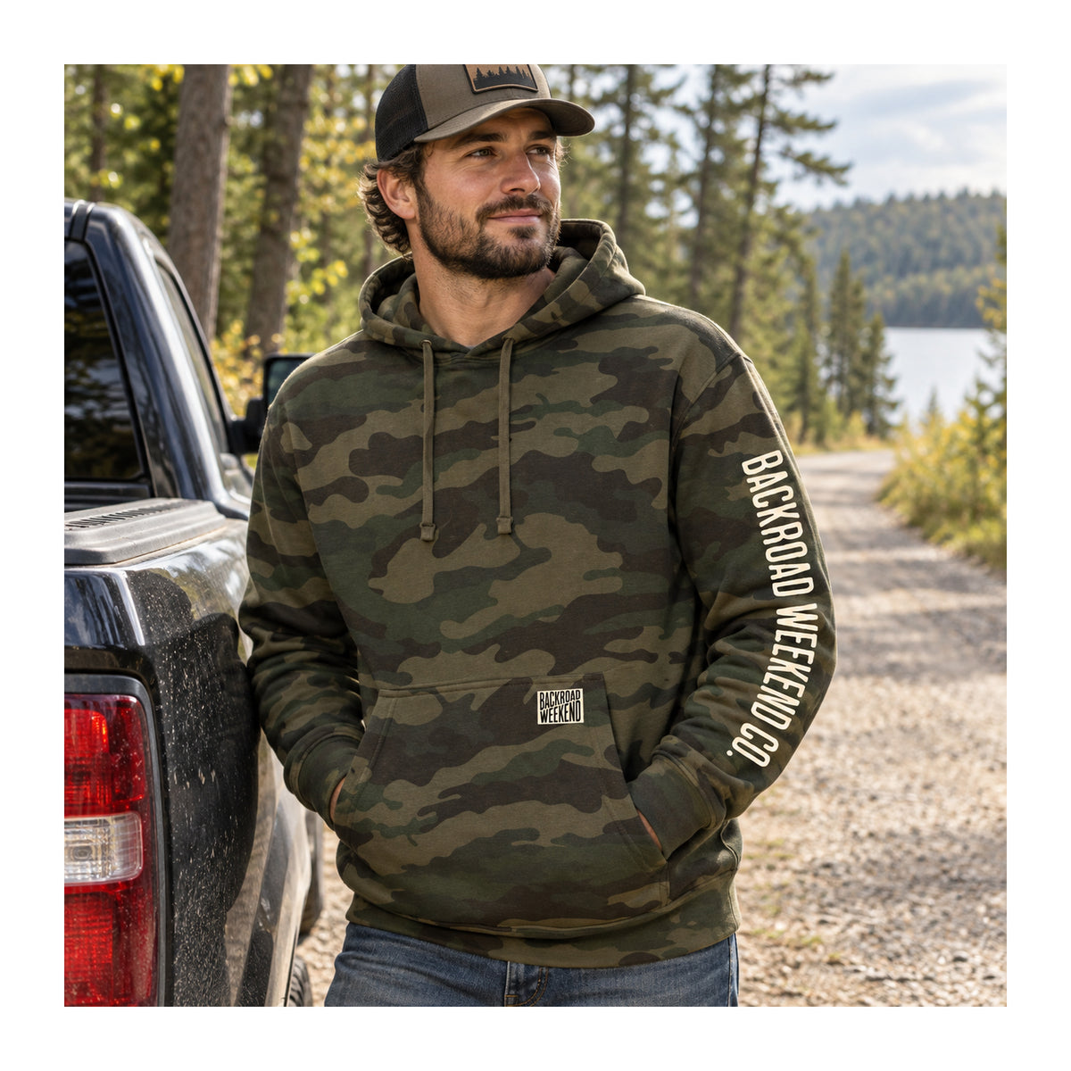Backroad Camo Hoodie in Forest Camo, lifestyle photo