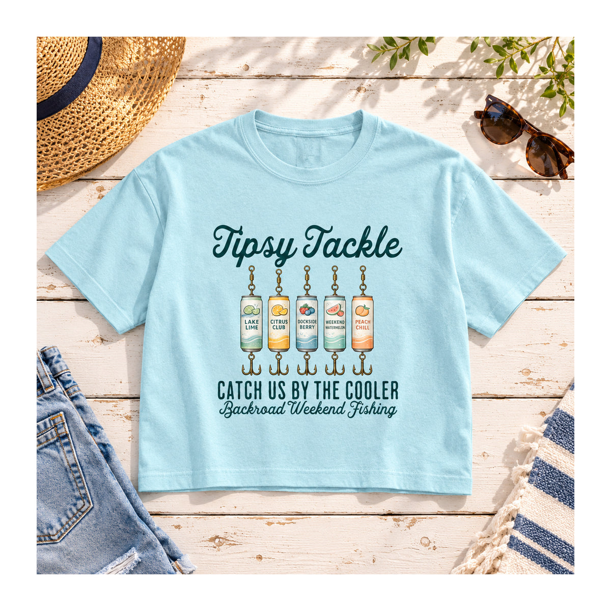 Tipsy Tackle Tee – Catch Us by the Cooler in Chambray, flat lay
