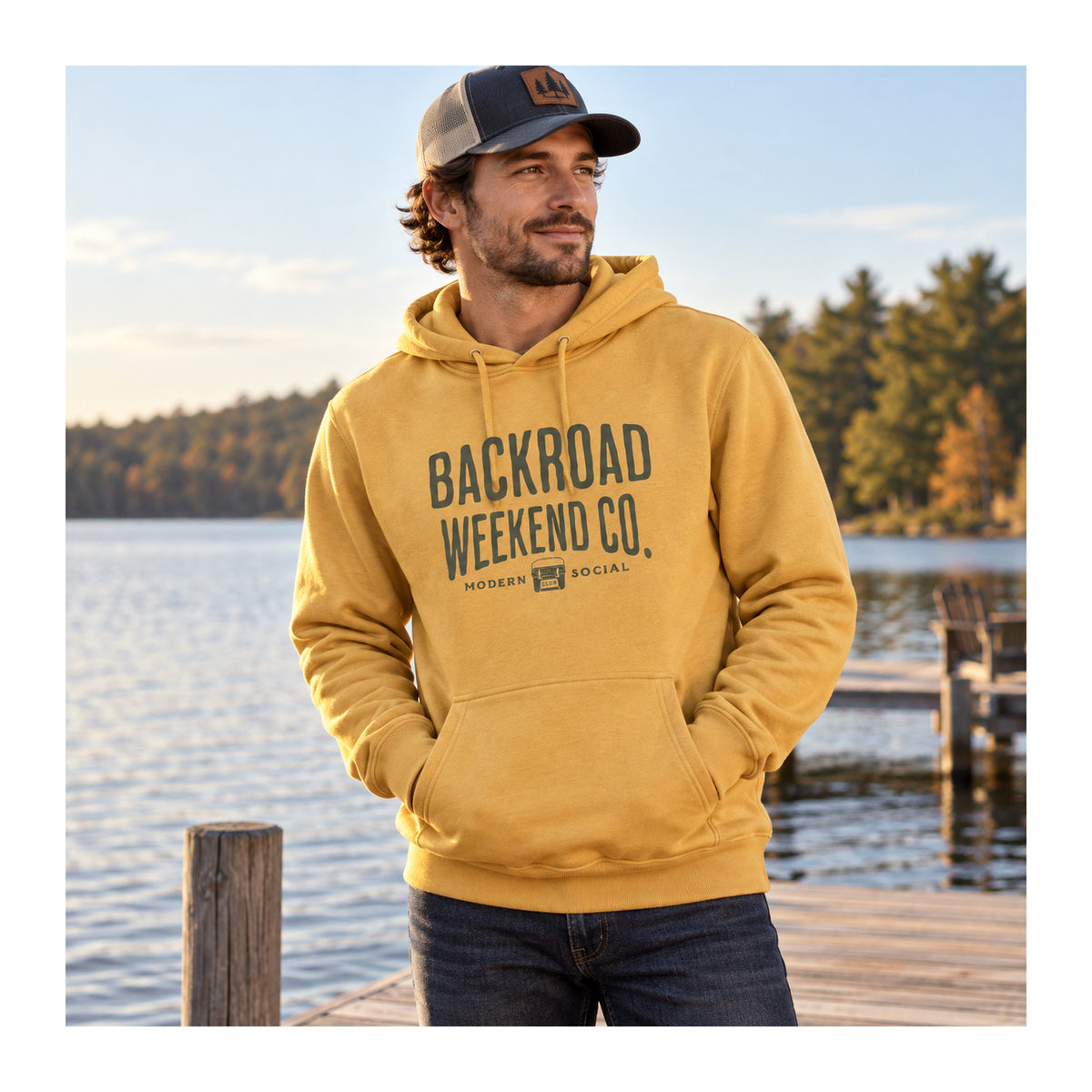 Backroad Weekend Co. Hoodie – Social Club in Mustard, lifestyle photo