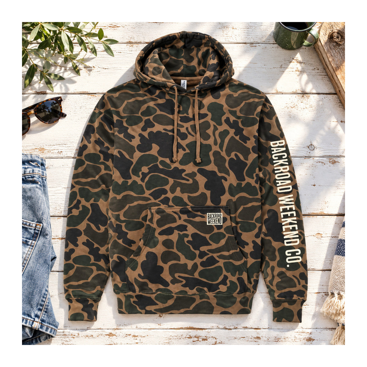 Backroad Camo Hoodie in Duck Camo, flat lay