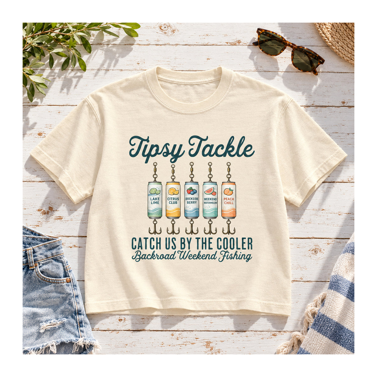 Tipsy Tackle Tee – Catch Us by the Cooler in Ivory, flat lay