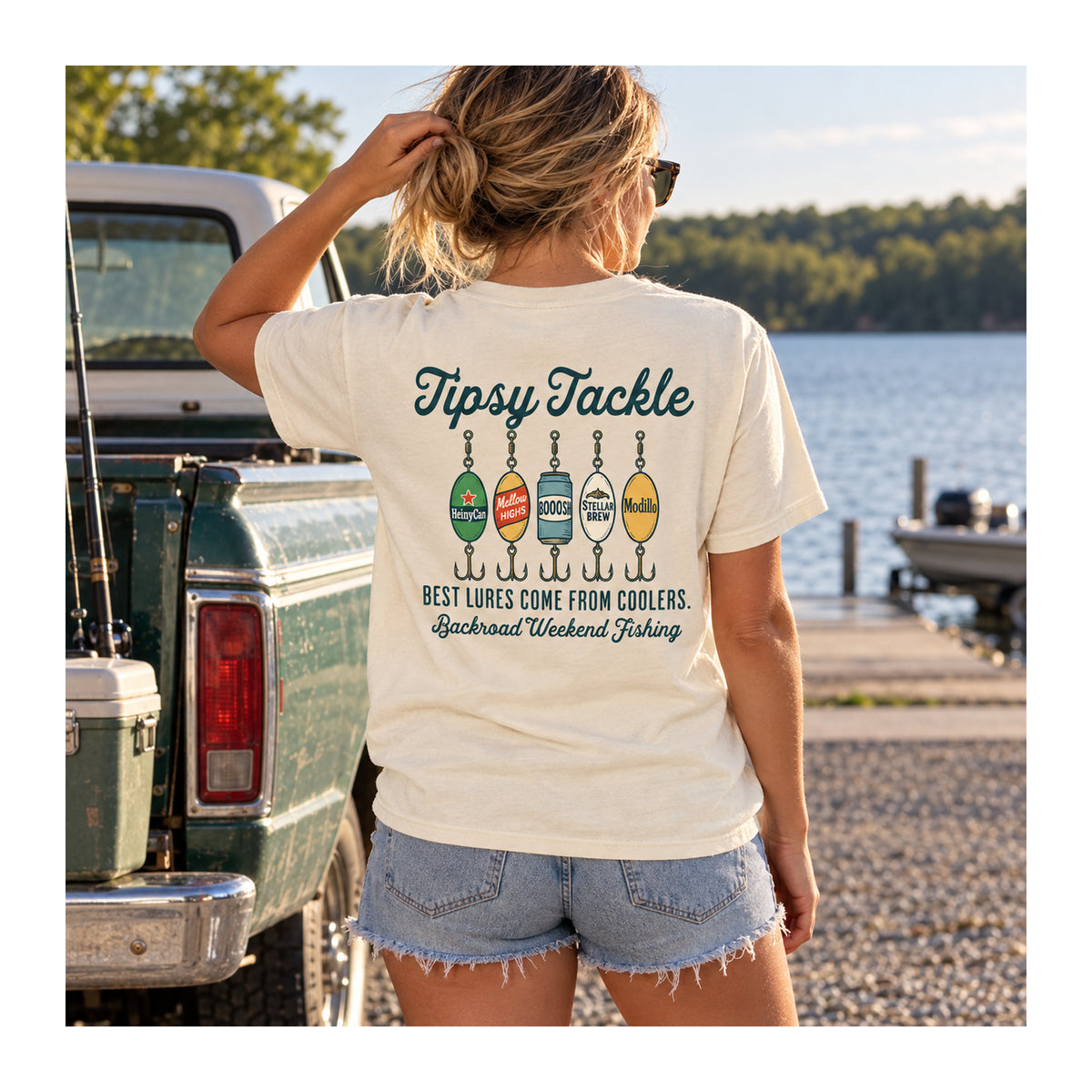 Tipsy Tackle Tee in Ivory, lifestyle photo