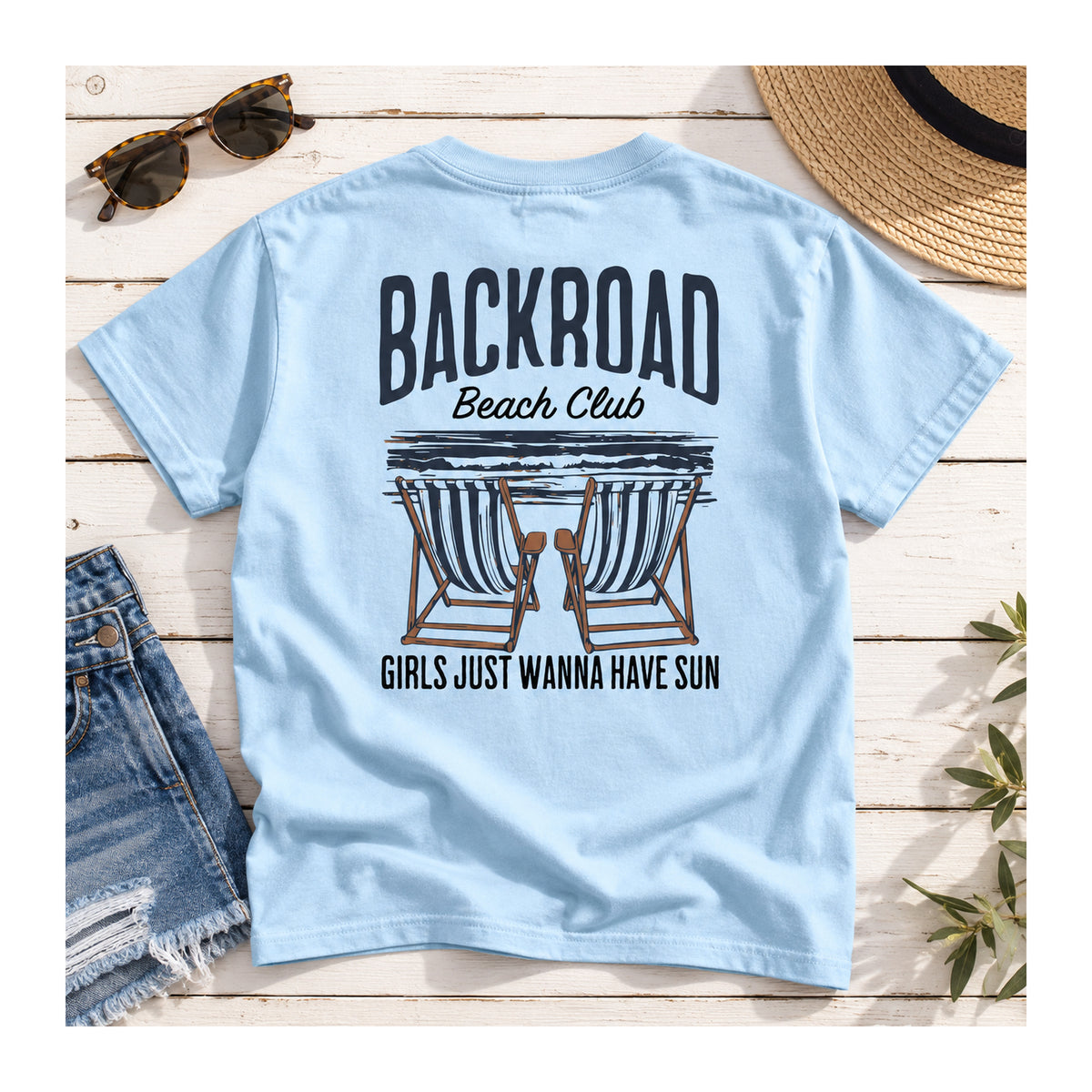 Backroad Beach Club Tee in Chambray, flat lay