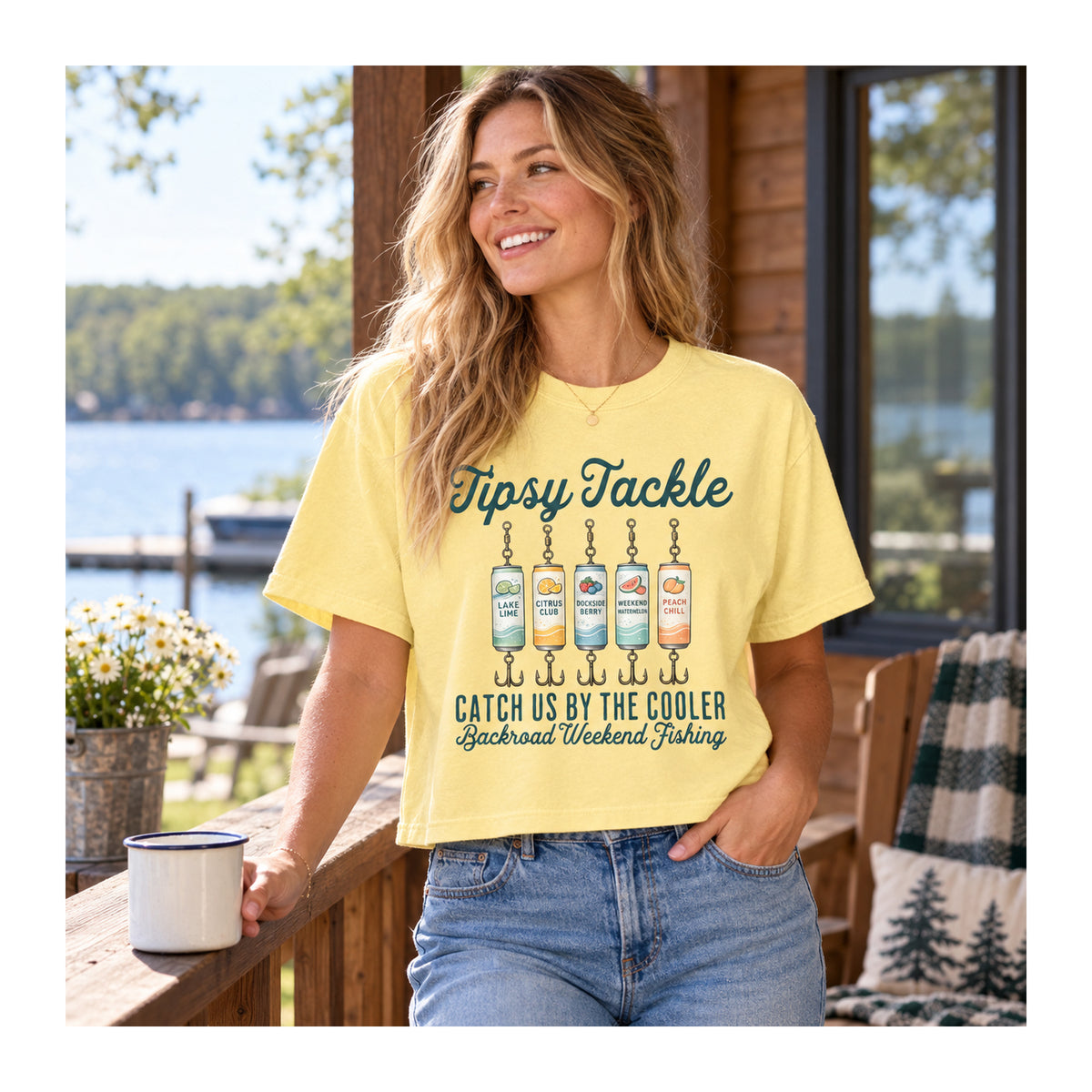 Tipsy Tackle Tee – Catch Us by the Cooler in Butter, lifestyle photo