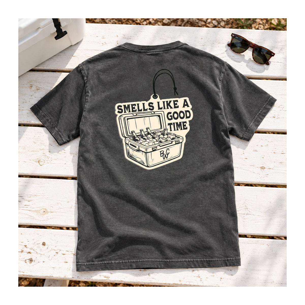 Smells Like a Good Time Tee in Pepper, flat lay