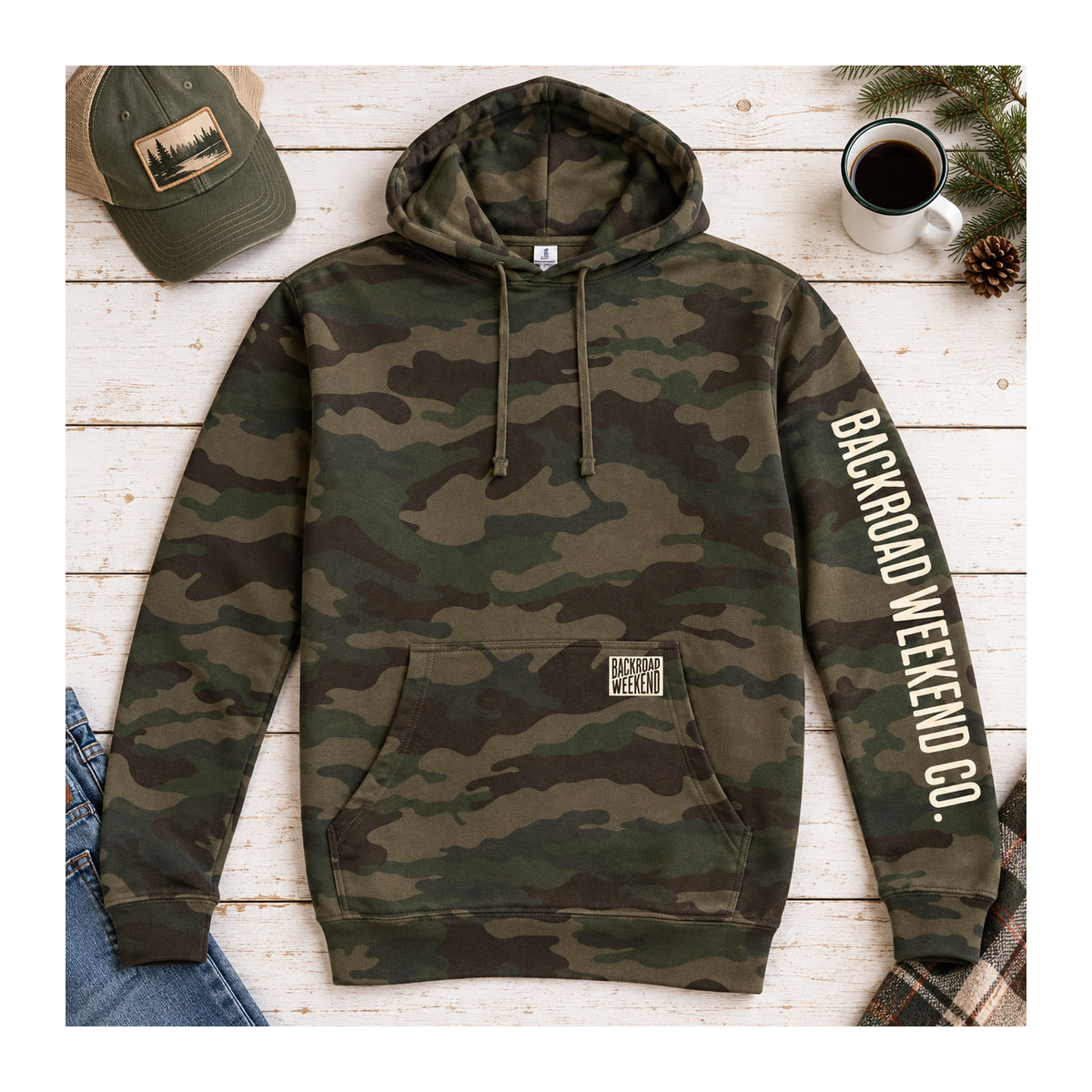Backroad Camo Hoodie in Forest Camo, flat lay