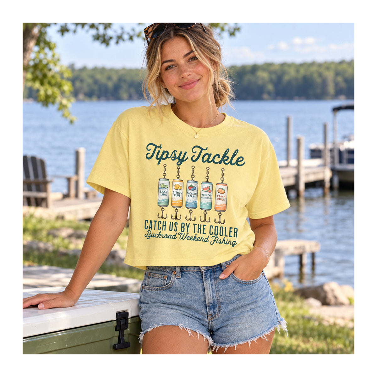 Tipsy Tackle Tee – Catch Us by the Cooler in Butter, lifestyle photo