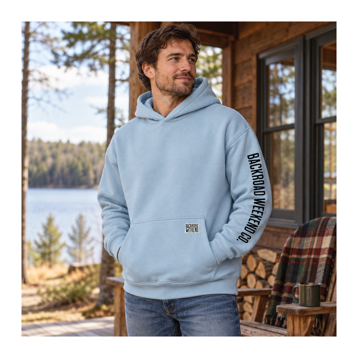 Backroad Heavyweight Hoodie in Light Blue, lifestyle photo