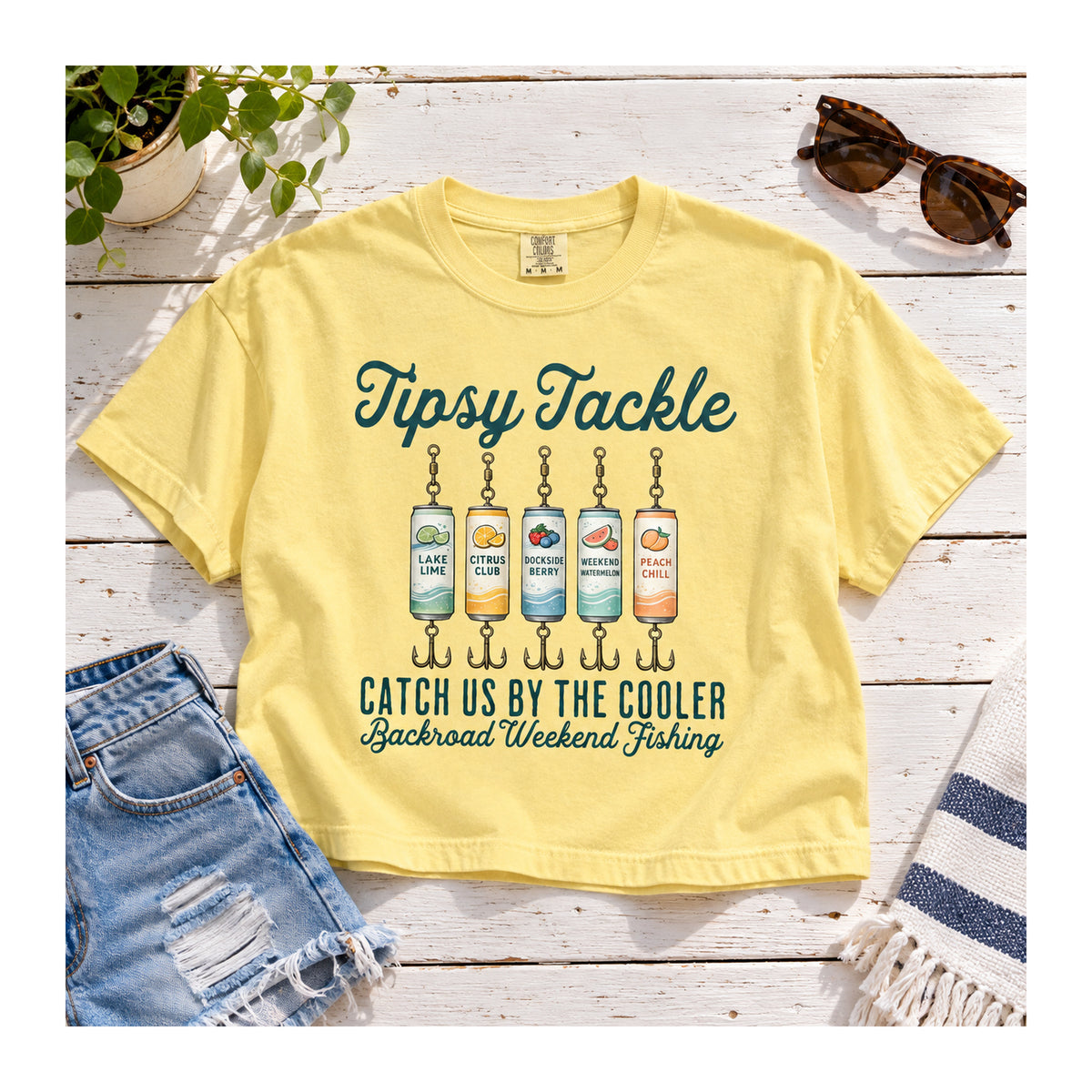 Tipsy Tackle Tee – Catch Us by the Cooler in Butter, flat lay