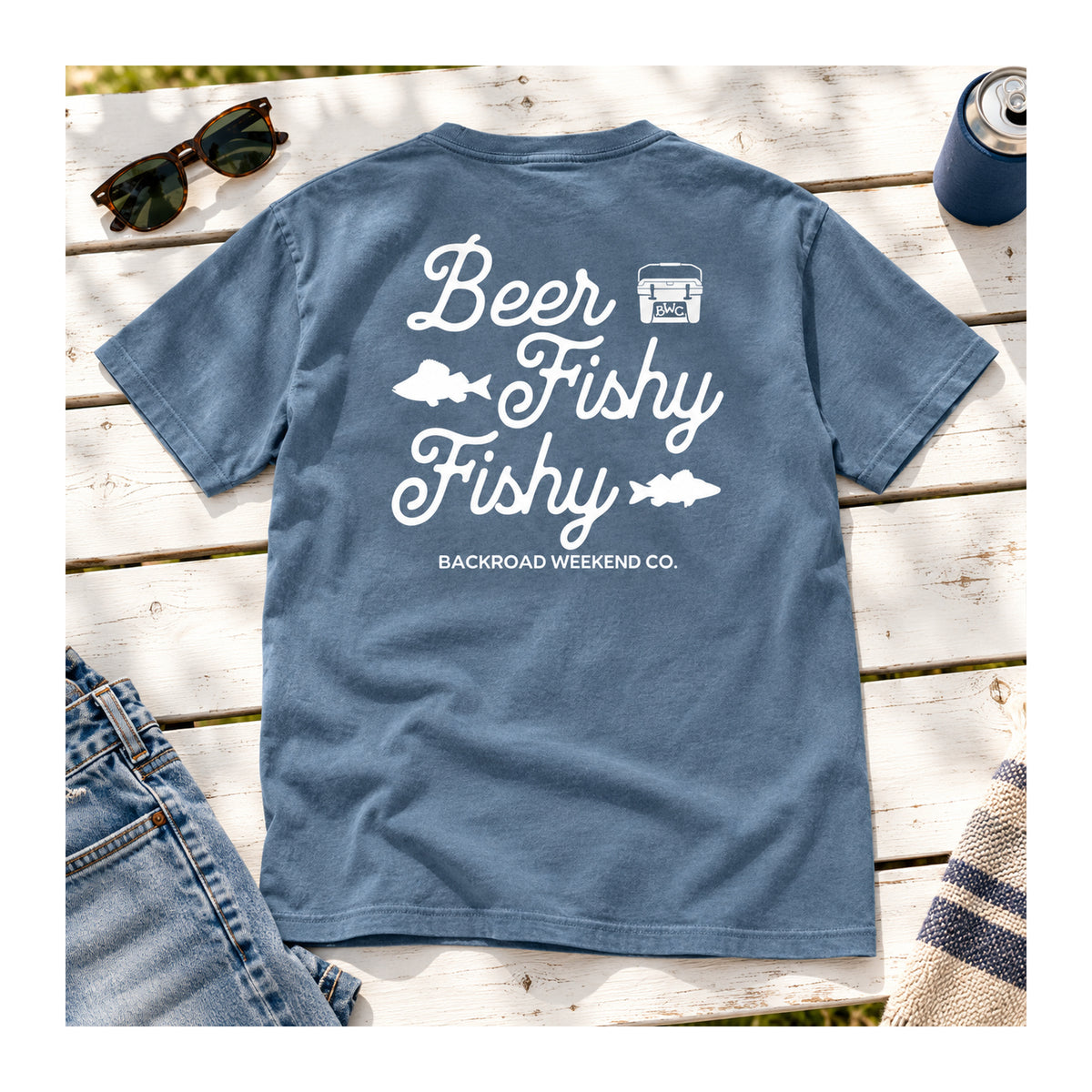 Beer Fishy Fishy Tee in Blue Jean, flat lay