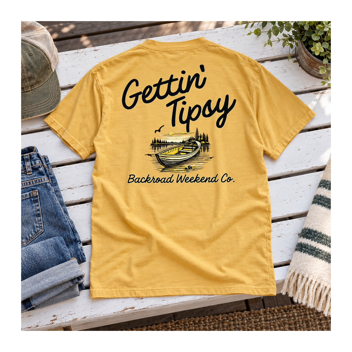 Gettin' Tipsy Tee in Mustard, flat lay