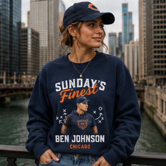 Sunday’s Finest Chicago football crewneck featuring Ben Johnson, original Etsy product photo 1