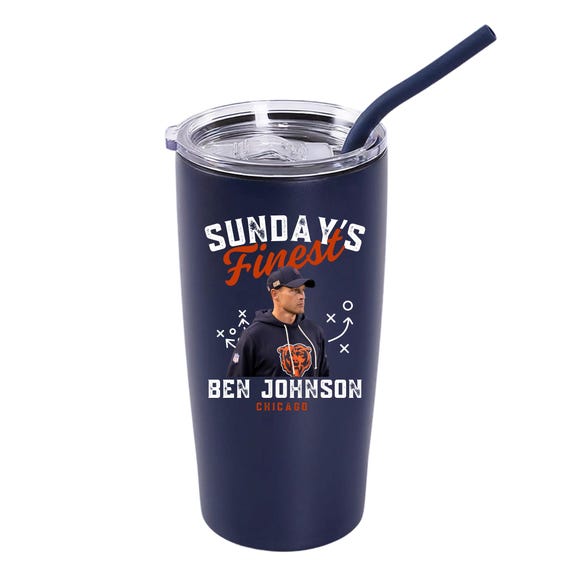 Sunday’s Finest Chicago football 20 oz tumbler featuring Ben Johnson, original Etsy product photo 1