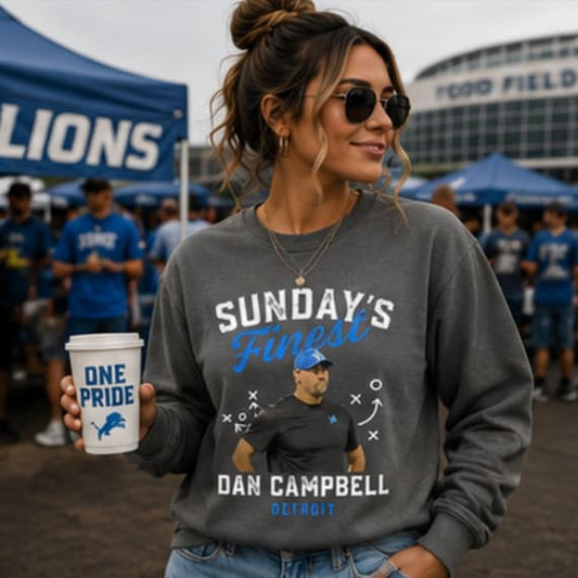 Sunday’s Finest Detroit football crewneck featuring Dan Campbell, original Etsy product photo 1