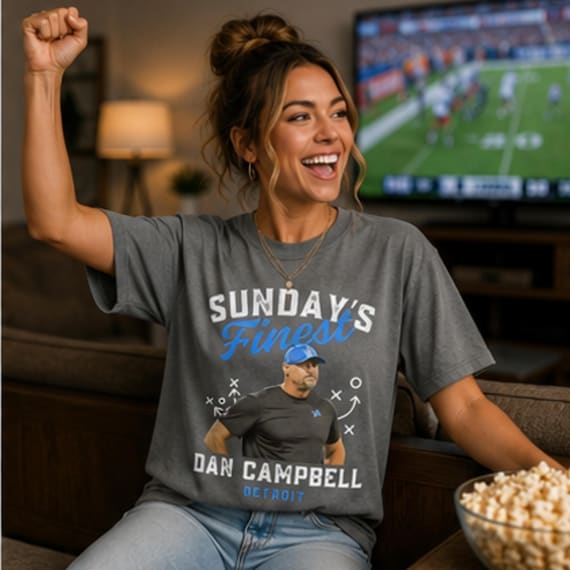 Sunday’s Finest Detroit football T-shirt featuring Dan Campbell, original Etsy product photo 1