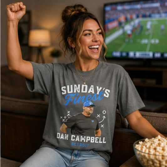 Sunday’s Finest Detroit football T-shirt featuring Dan Campbell, original Etsy product photo 1