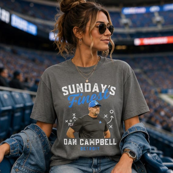 Sunday’s Finest Detroit football T-shirt featuring Dan Campbell, original Etsy product photo 2