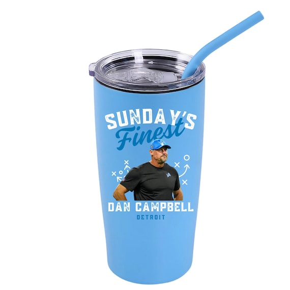 Sunday’s Finest Detroit football 20 oz tumbler featuring Dan Campbell, original Etsy product photo 1