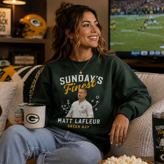 Sunday’s Finest Green Bay football crewneck featuring Matt LaFleur, Etsy product photo 1
