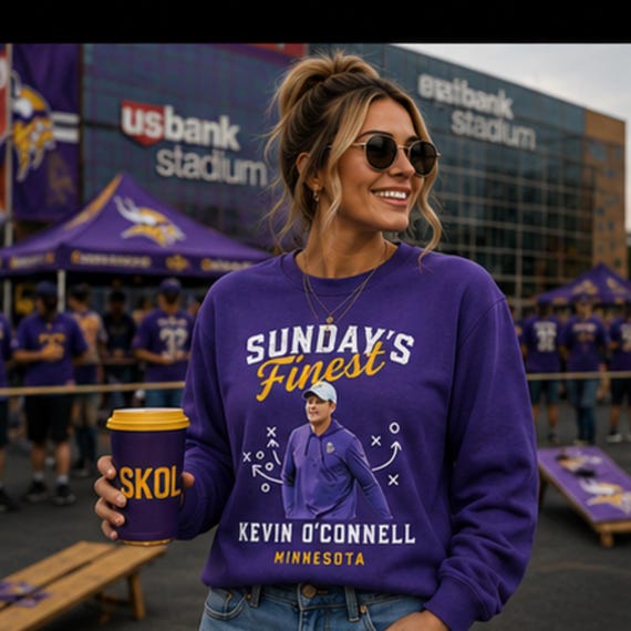 Sunday’s Finest Minnesota football crewneck featuring Kevin O’Connell, Etsy product photo 1