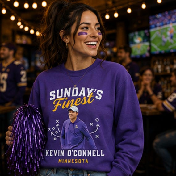 Sunday’s Finest Minnesota football crewneck featuring Kevin O’Connell, Etsy product photo 2