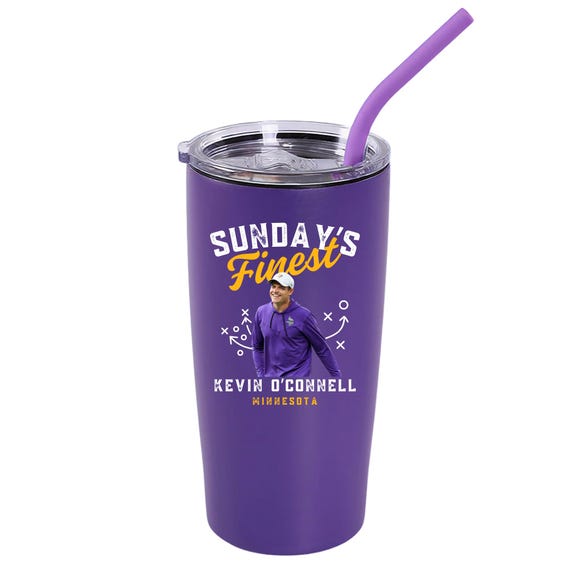 Sunday’s Finest Minnesota football 20 oz tumbler featuring Kevin O’Connell, original Etsy product photo 1